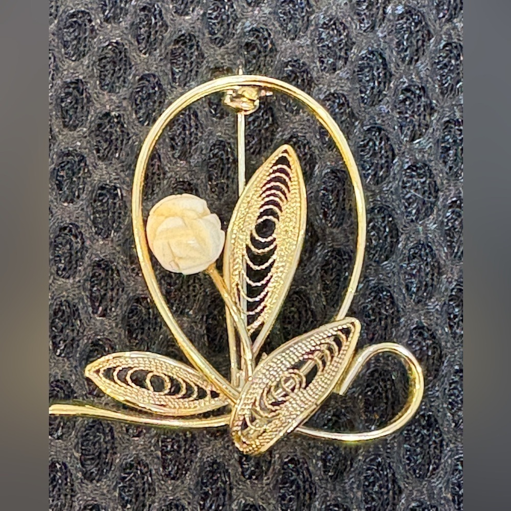 Coquette Gold Tone Filigree Flower Brooch Pin with Pearl Accent